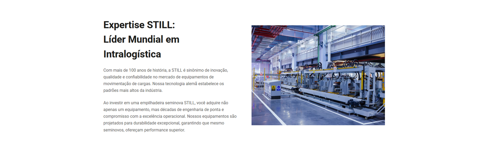 Seção institucional sobre a expertise e liderança global da STILL em intralogística