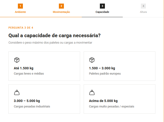 Passo 3: pergunta sobre a capacidade de carga necessária
